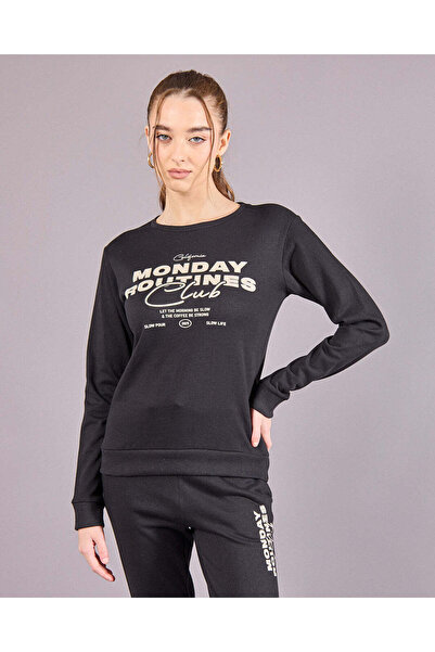 REDTAG Women Black Monday Print Sweatshirt
