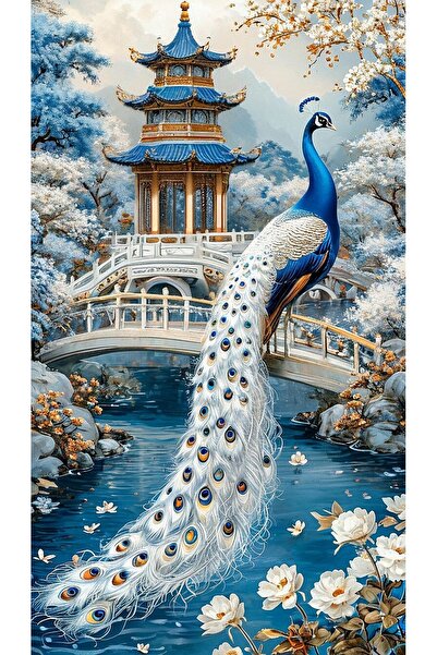 BLT DİZAYN Blue and White Feng Shui Peacock Glass Painting – Abundance Energy Wall Decor