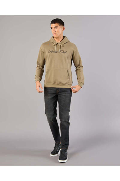 REDTAG Men BeigePrinted Hooded Sweatshirt