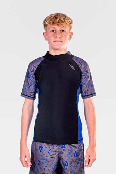 Coega Sunwear Boys Youth Rashguard Short Sleeve - Blue Black Fish