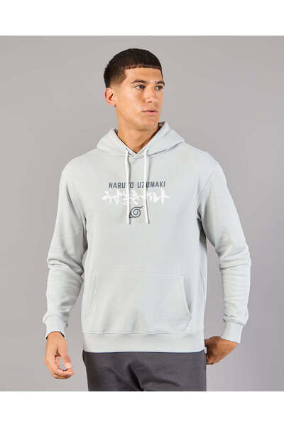 REDTAG Men Grey Naruto Print Hooded Sweatshirt