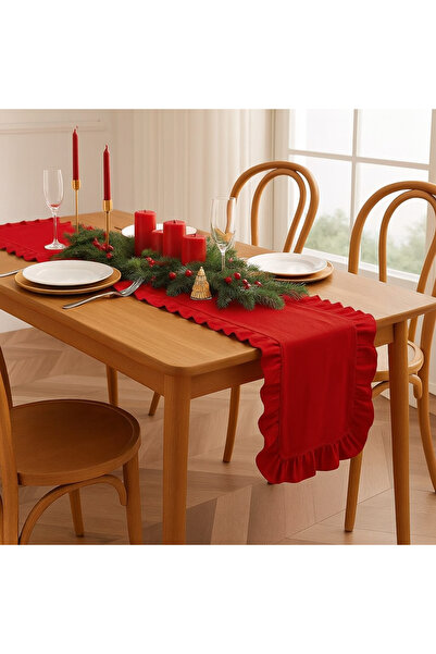 Belomia Home Collection Kırmızı Fırfırlı Runner | Yılbaşı Sofrası Şık Runner 40x110