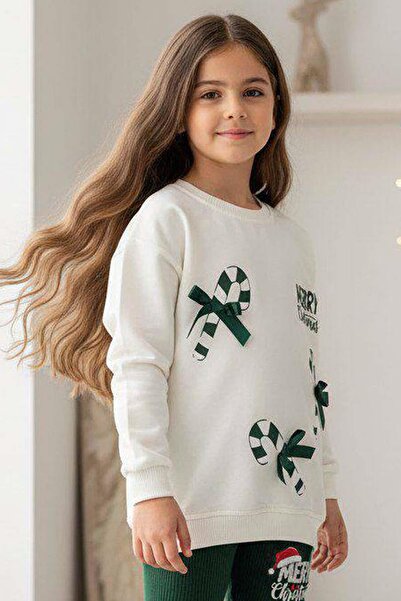 Riccotarz Candy Cane and Christmas Printed on the Girl 2 Drawstring Sweater Corded Fabric Green Tights Set