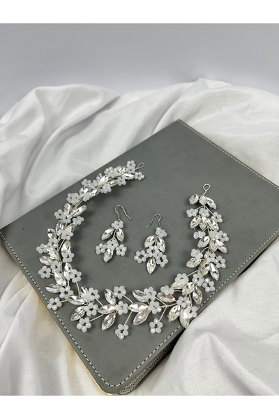 ERYA aksesuar Kristal Taşlı Çiçekli Detaylı Gelin Taci ve Küpe set i-Nişan Sö...