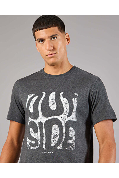 REDTAG Men Charcoal Printed Basic T-Shirt