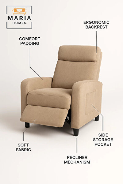 MARIA HOMES Modern Beige Recliner Chair with Footrest – Soft Fabric Relax Chair for Living Room