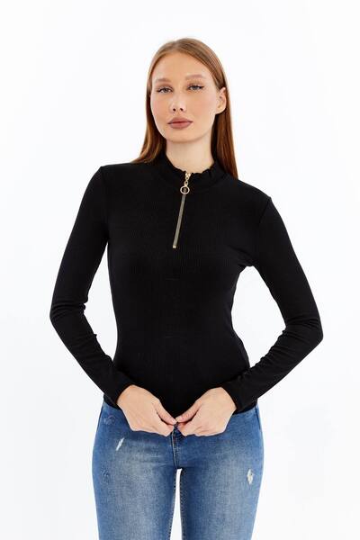 Maison La Femme Women's Long Sleeve Half Zipper Slim Fit Tshirt