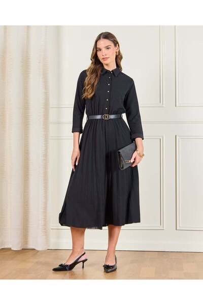 REDTAG Women Black Belted Collared Dress