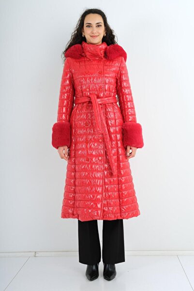 Lila Rose Kapşonu Ve Kolu Kürklü Şişme Mont