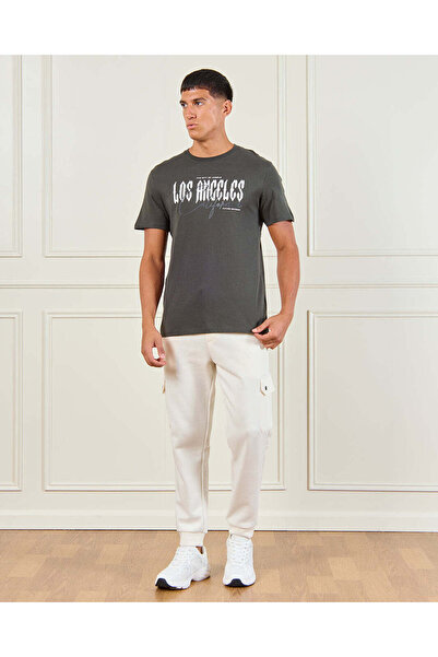 REDTAG Men Charcoal Basic Graphic T-shirt