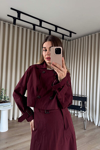 Sue Store Burgundy Belted Skirt Trench Coat Set