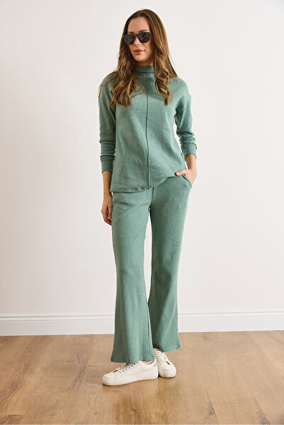 Olalook Women's Green Bottom Pocket Pants Top Mock Neck Blouse Fleece-Lined Set Tkm-19000254