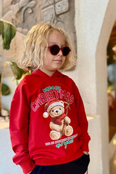 Riccotarz Printed Sweater Red Tracksuit Set with Teddy Bear and Merry Christmas Writing on It for Girls and Boys