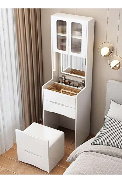 C&C Home Modern Vanity Desk with Flip Top Mirror and LED Adjustable Lights - White