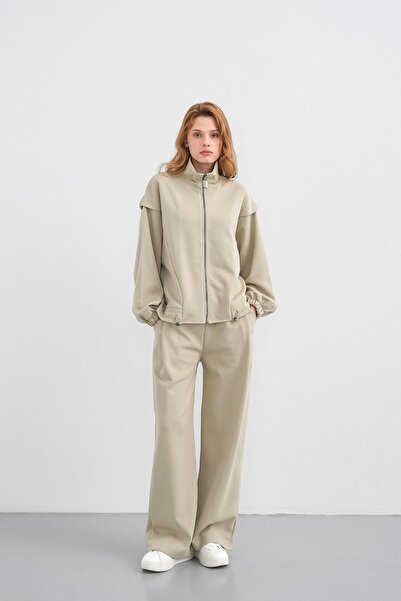 Basicpark Haki Women's Pique Textured Waist Adjustable Zipper Detailed Wide Leg Top and Bottom Set