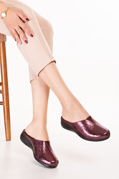 Gondol Women's Genuine Leather Comfortable Wedge Heeled Sabo Home Slippers Özl.323 Claret Red