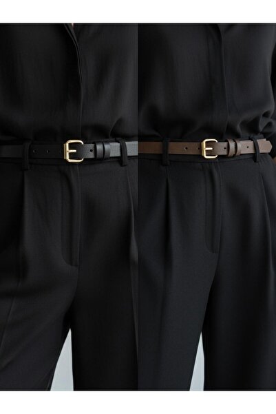 Gesa Women's Gold Buckle Thin 2-Piece Set Belt Black-Brown