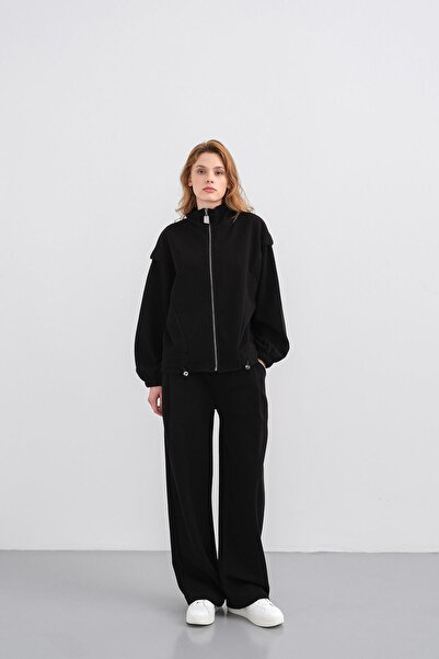 Basicpark Black Women's Pique Textured Waist Adjustable Zipper Detailed Wide Leg Top and Bottom Set