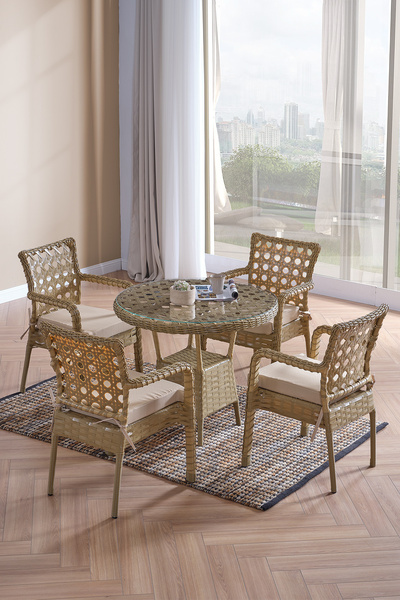 Evdemo Ayaz 4 Kişilik Rattan Bahçe Balkon Mutfak Masa Takımı Cappuccino