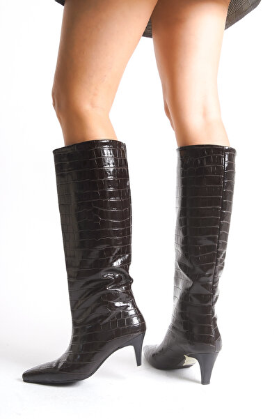 Ayakkabı Delisiyim Γυναικείες μπότες με μίνι τακούνι λουστρίνι καφέ με σχέδιο κροκόδειλου Άνετη αντιολισθητική σόλα Luna