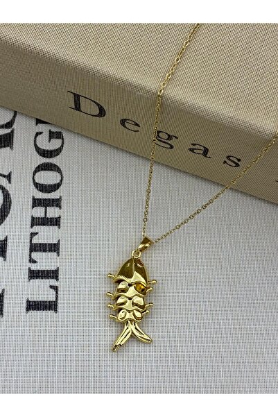 Hedef Bijuteri Steel Gold Color Fish Bone Model Movable Necklace