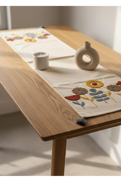 Destiva Home Buldan Handcrafted Floral Pattern Embroidered Gray Tasseled Cotton Runner (40X130 cm)