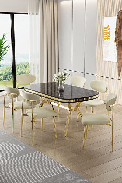 Canisa Olya Serisi 90x168 Lak Panel Sonata Masa Takımı Gold Ayaklı 6 Krem San...