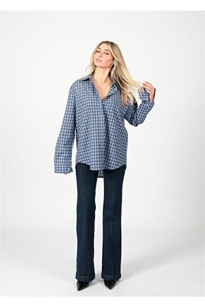 Nixie Lacivert Kareli Parlak Taşlı Gömlek