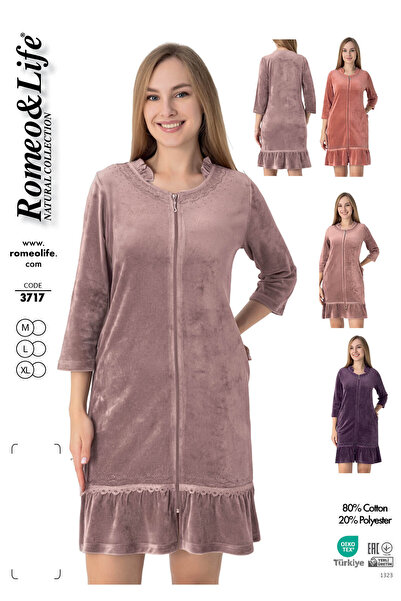 ROMEO LİFE Γυναικείο χειμερινό φόρεμα από βαμβακερό βελούδο με φερμουάρ / βιζ...