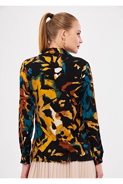 armonika Women's Black-Yellow Patterned Long Sleeve Hijab Shirt Arm-26K001072