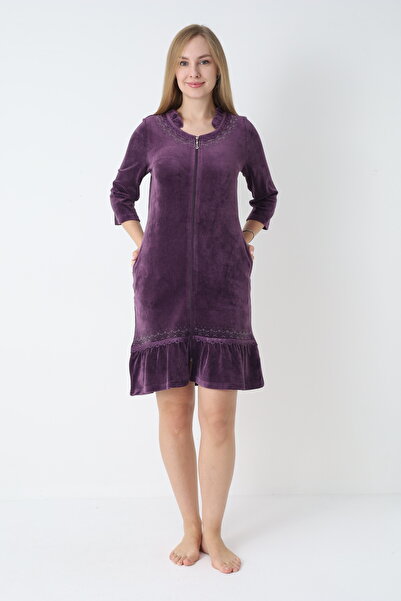 ROMEO LİFE Women's Cotton Velvet Zippered Winter Dress 3717