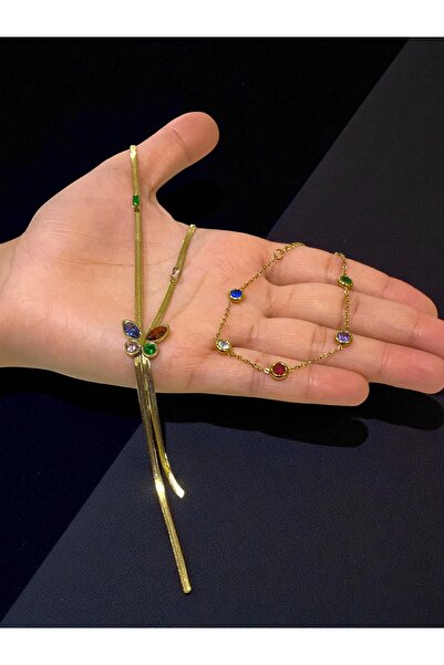 NEW STYLE Stainless steel accessory set with colored stones, necklace size 47 + 5 cm and bracelet size 16 + 5 cm, comes in a suitable gift box.