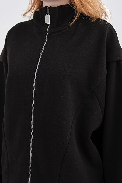 Basicpark Black Women's Pique Textured Waist Adjustable Zipper Detailed Wide Leg Top and Bottom Set