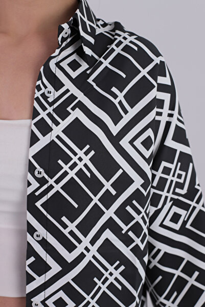 armonika Women's Black Square Pattern Oversized Long Basic Hijab Shirt Arm-26K001074