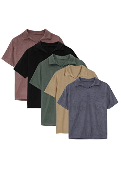 COCOPELLI Men's T-Shirt Set of 5 Oversized Polo Neck Basic Soft Textured T-Shirts Brown-Black-Khaki-Beige-Anthracite