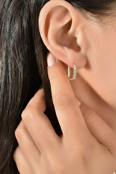 Sose Moda Stone Rectangular Gold Vip Earrings – Zircon Stone, Shiny, Clip-On and Anti-Allergic