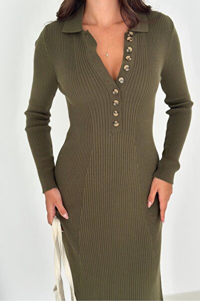 Noi Belis Maxi Boy Half Placket Button Detailed Knitwear Dress Aw25El0022