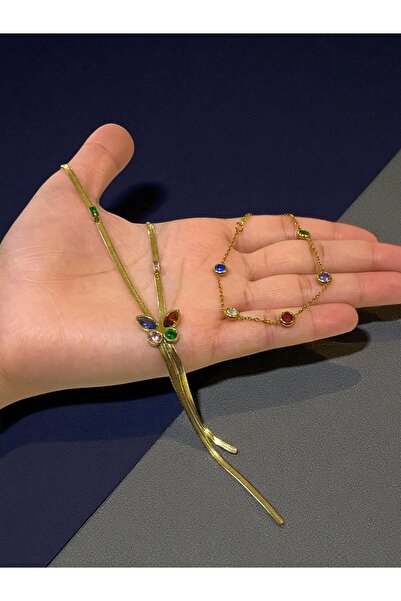 NEW STYLE Stainless steel accessory set with colored stones, necklace size 47 + 5 cm and bracelet size 16 + 5 cm, comes in a suitable gift box.