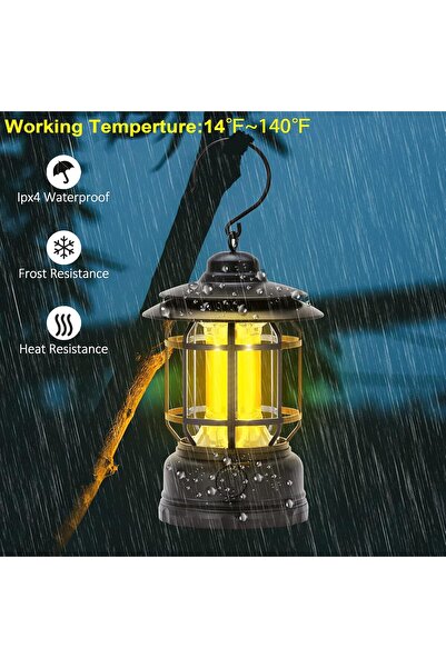NEONI Rechargeable Portable LED Camping Lantern - Vintage Hanging Tabletop Light (Black)