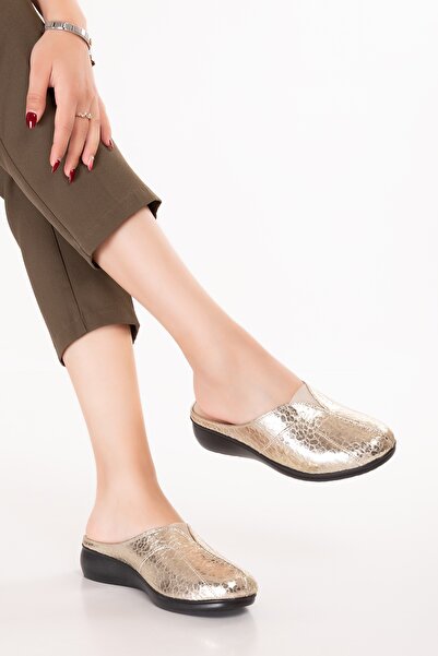 Gondol Women's Genuine Leather Comfortable Wedge Heeled Sabo Home Slippers Özl.323 Dore