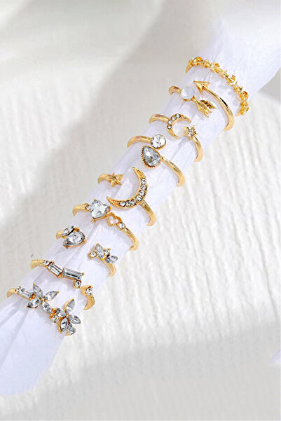 Si moda Gökyüzü Temalı 9’lu Gold Yüzük Seti – Ay, Yıldız ve Taş Modelleri