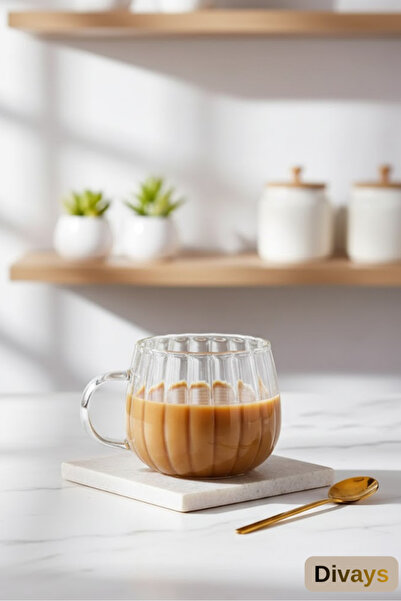 DİVAYS Çizgili Borosilikat Cam Kupa 350ml | Isıya Dayanıklı Kahve ve Çay Sunu...