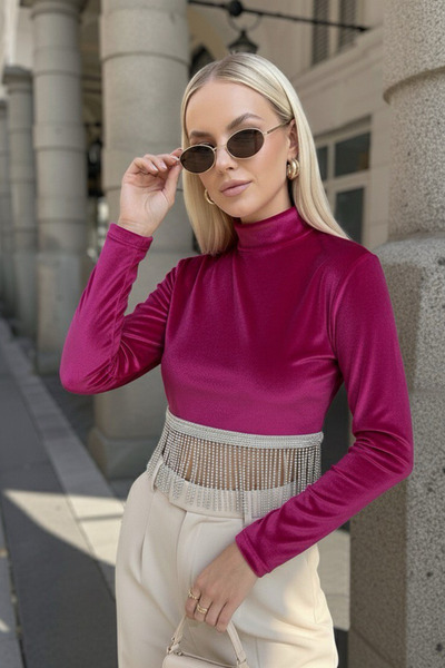 oshebu Γυναικεία βελούδινη μπλούζα με λεπτομέρειες από πέτρα βάτα τεμαχίων