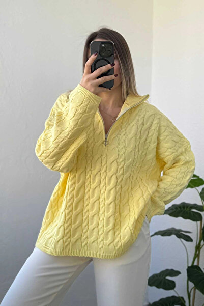 Kubos Moda Zippered Knitted Pattern Relaxed Fit Yellow Sweater