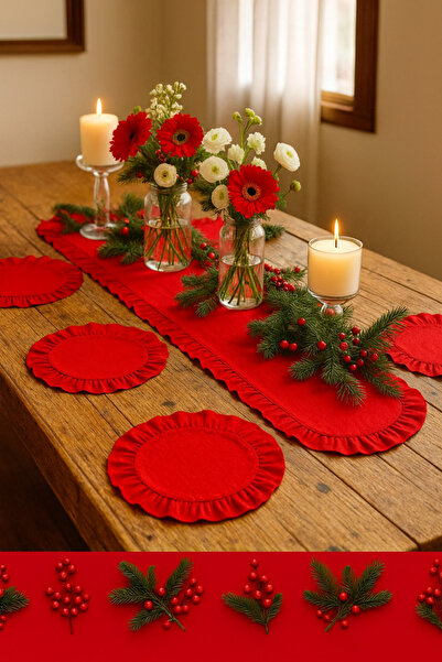 Belomia Home Collection 7 Parça Kırmızı Yılbaşı Sofra Seti | 6 Adet Supla + 1 Runner Takımı