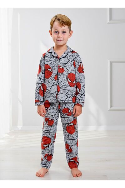 pistyle Boy's Spider Patterned Buttoned Bottom and Top Pajama Set