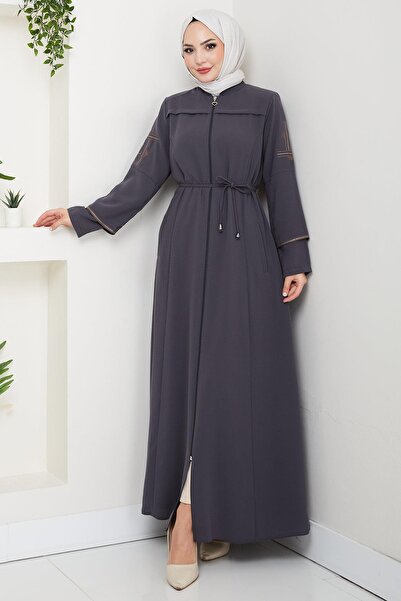 hafsamina Lace-Up Sleeve Embroidered Ferace Smoked Hm2854