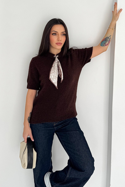 Noa Noa Women's Short Sleeve Scarf Detailed Knitwear Sweater – Soft Elegance