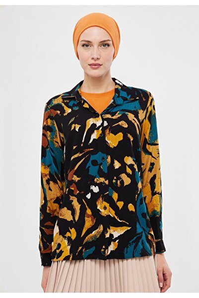armonika Women's Black-Yellow Patterned Long Sleeve Hijab Shirt Arm-26K001072