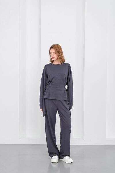 Basicpark Smoked Women's Soft Textured Premium Modal Turtleneck Asymmetric Cut Bottom-Top Set